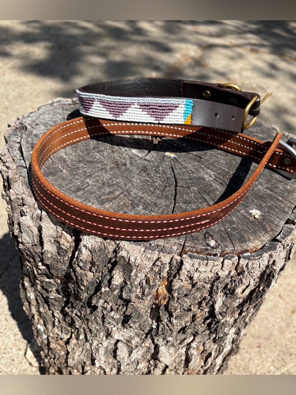 Hand-stitched Brown Leather Dog Collar with Beaded/ Stitching Accent NWOT